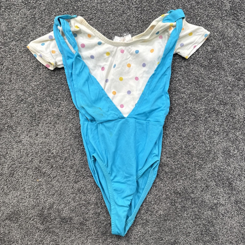 Stained VTG Girls 5T Leotard Ballet Gymnastic Polka Dot 1990s 1980s Blue White
